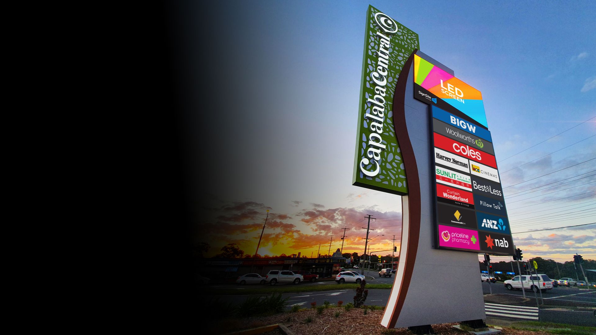 Capalaba Central digital pylon signs with tenant lightboxes